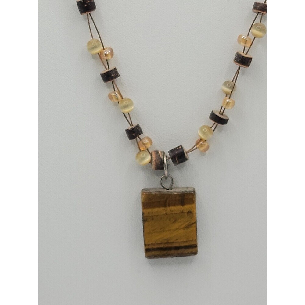 Vintage Amber Beaded Necklace w/ Tiger's Eye Pendant